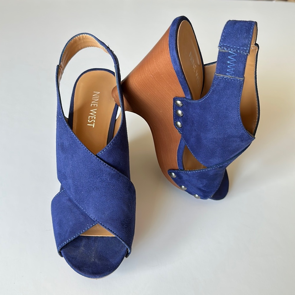 Nine West Royal Blue Suede Platform Wedge Studded Sandal Size:5.5